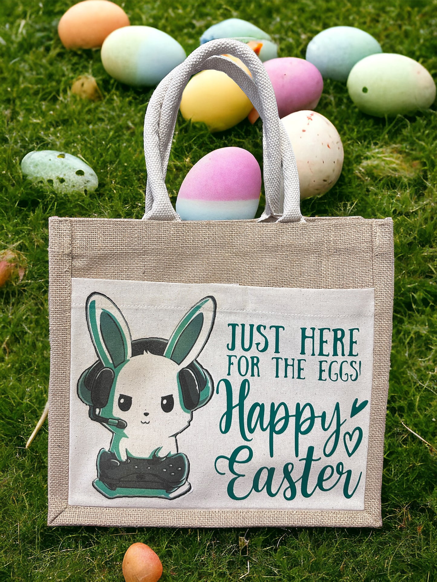 PERSONALIZED "HAPPY EASTER" JUTE BAG WITH CANVAS POCKET