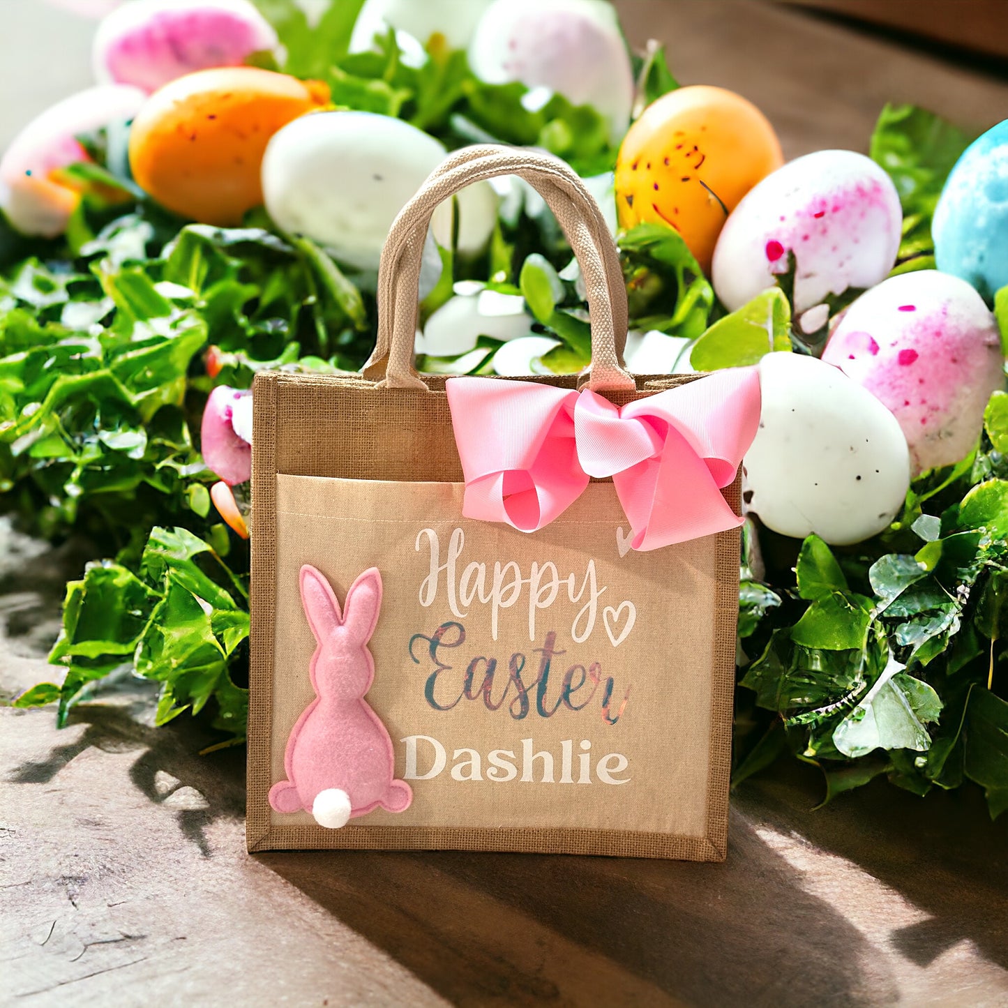 PERSONALIZED "HAPPY EASTER" JUTE BAG WITH CANVAS POCKET