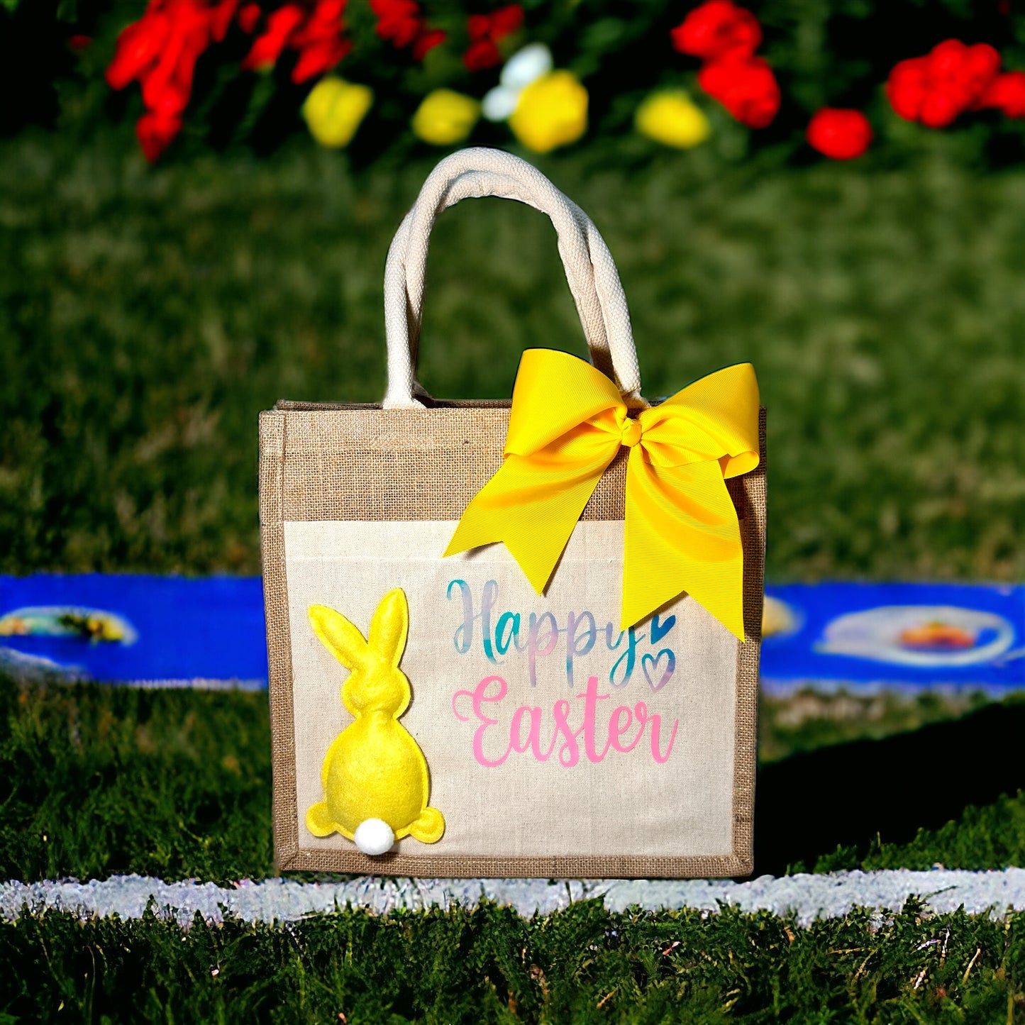 PERSONALIZED "HAPPY EASTER" JUTE BAG WITH CANVAS POCKET