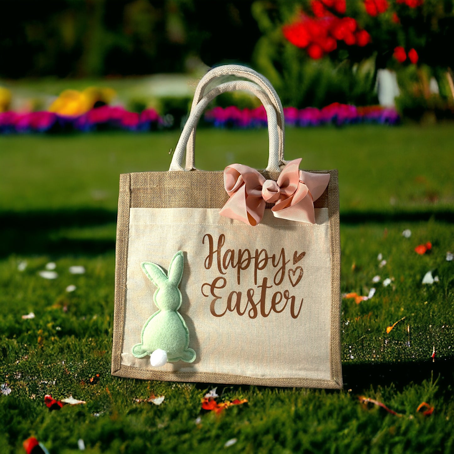 PERSONALIZED "HAPPY EASTER" JUTE BAG WITH CANVAS POCKET