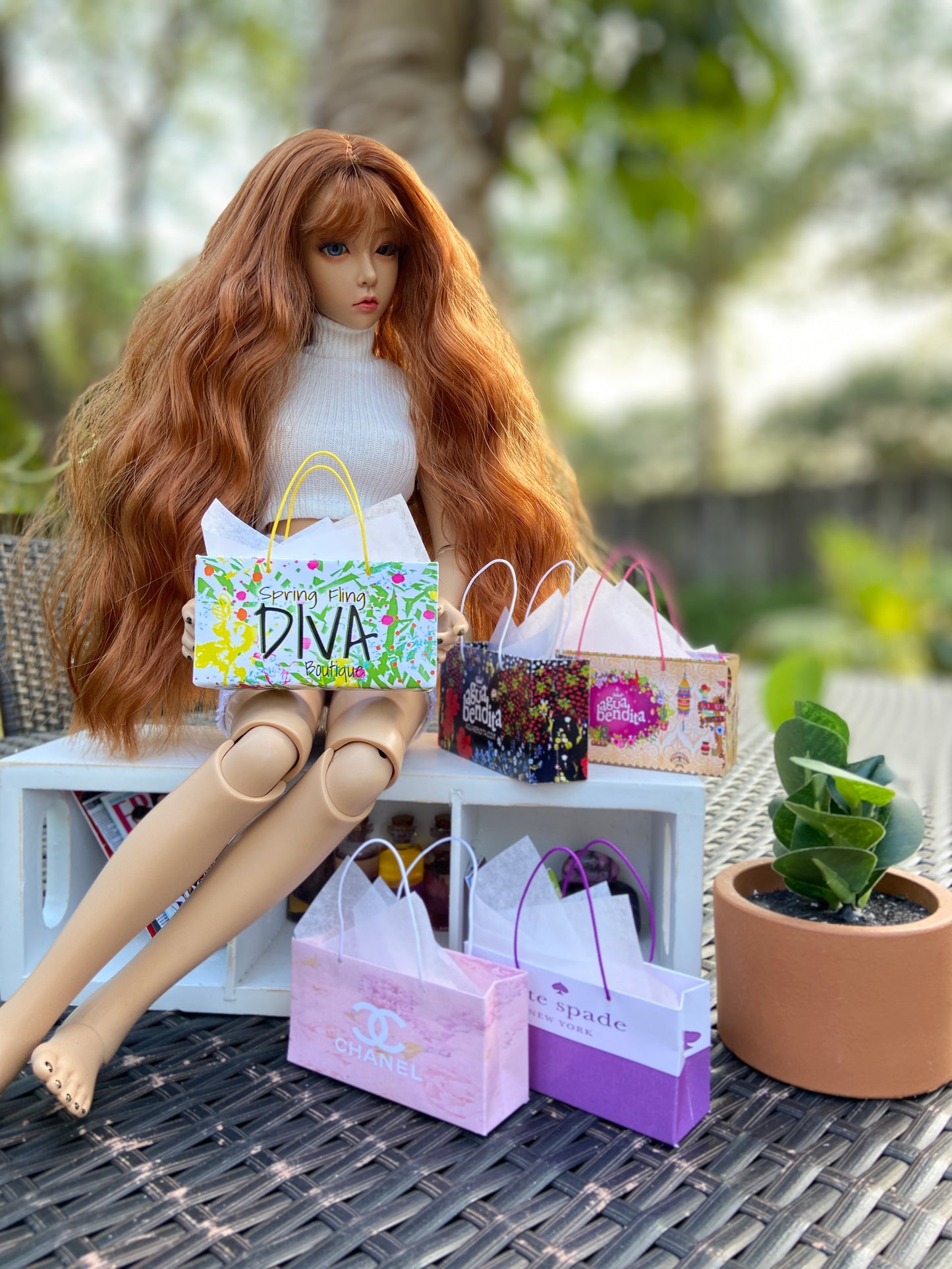 Ball jointed doll 18" with Bright color spring miniature shopping paper bags for fashion dolls. #miniatureshoppingbags