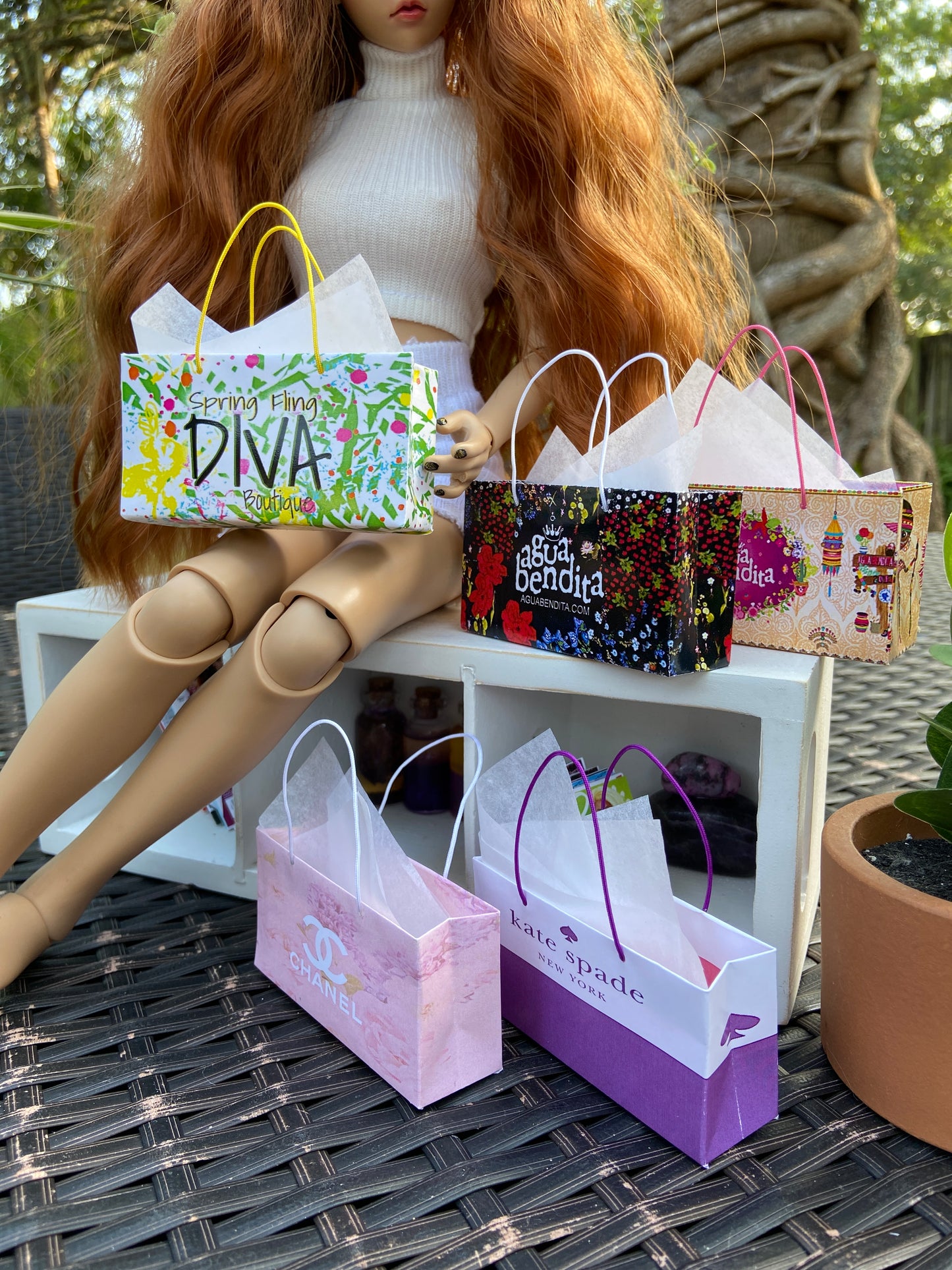 Ball jointed doll 18" with Bright color spring miniature shopping paper bags for fashion dolls. #miniatureshoppingbags Edit alt text