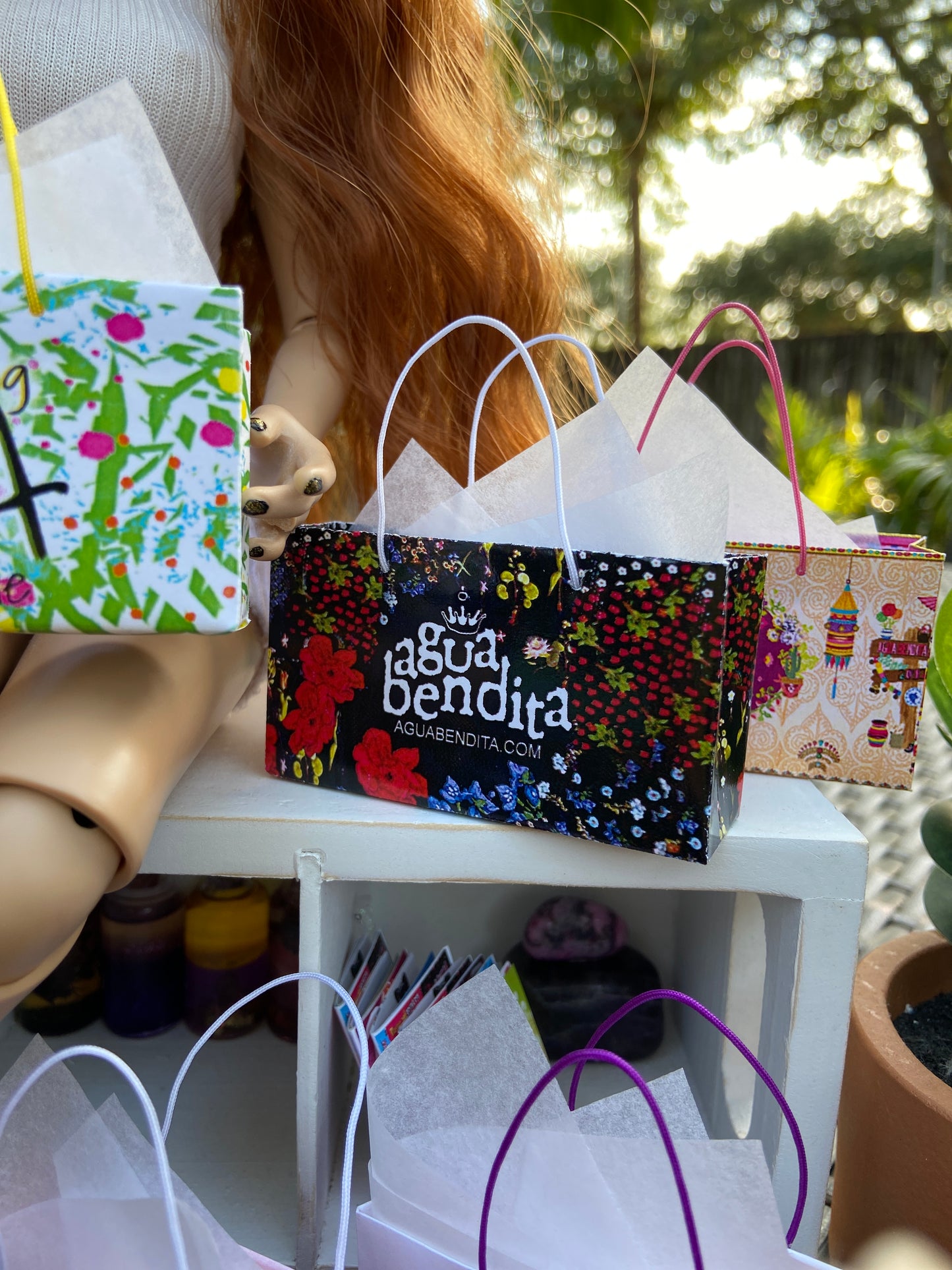 Close up of one of five Bright color spring shopping paper bags for fashion dolls. #miniatureshoppingbags