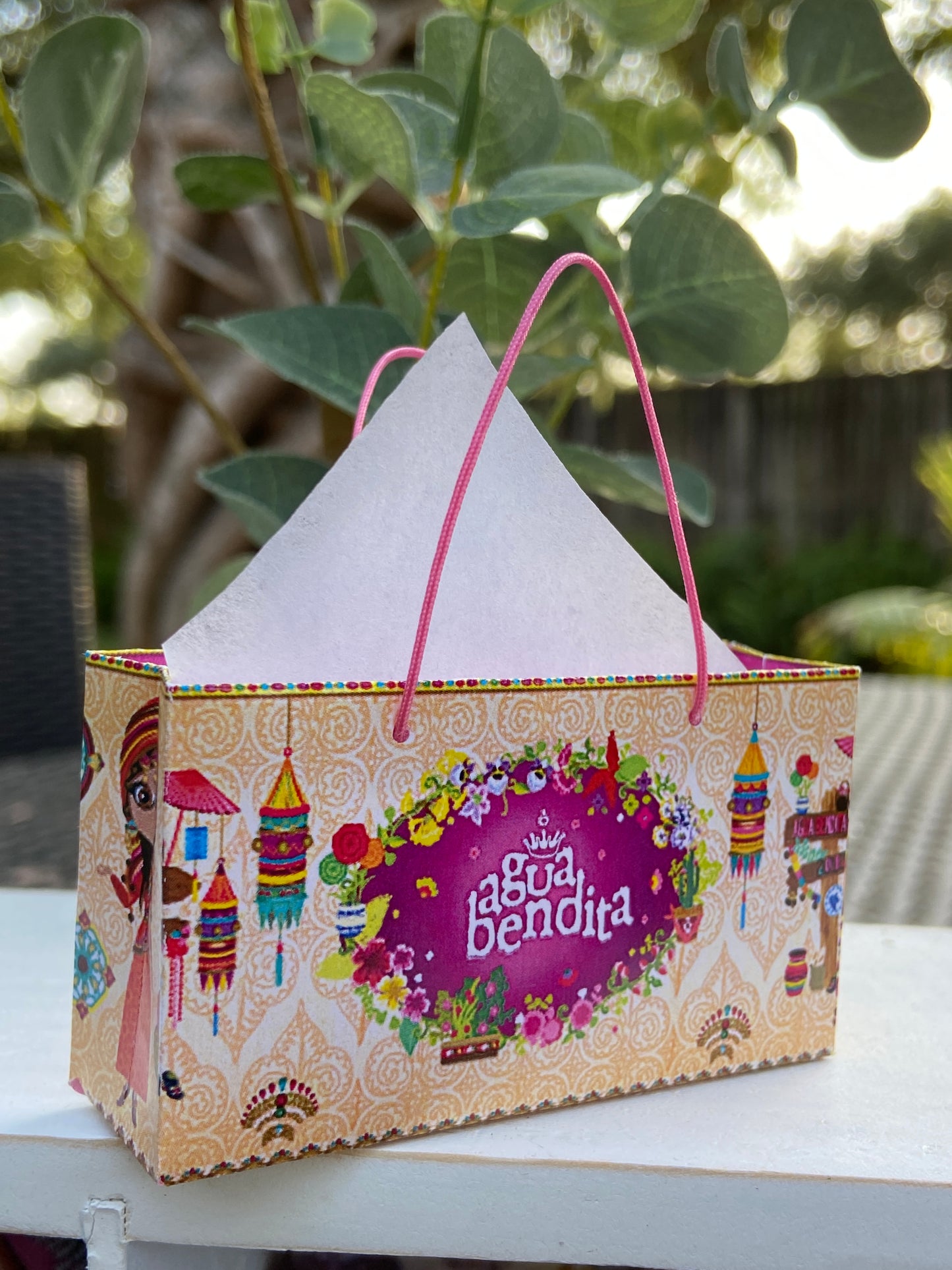 Close up of one of five Bright color spring shopping paper bags for fashion dolls. #miniatureshoppingbags