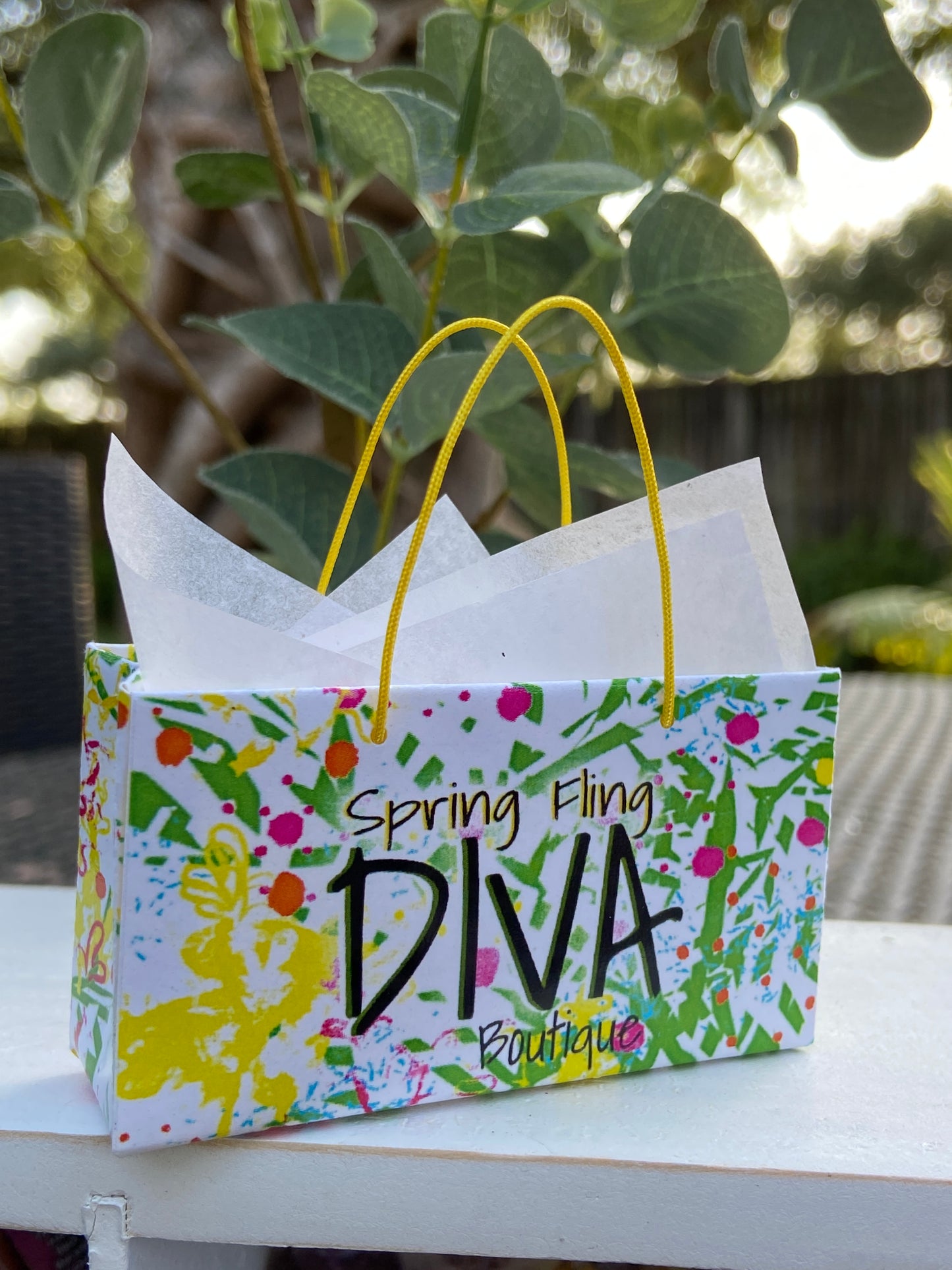 Close up of one of five Bright color spring shopping paper bags for fashion dolls. #miniatureshoppingbags