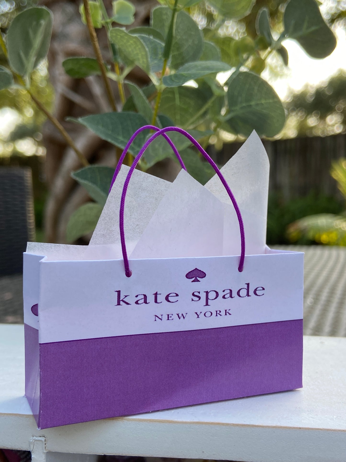Close up of one of five Bright color spring shopping paper bags for fashion dolls. #miniatureshoppingbags