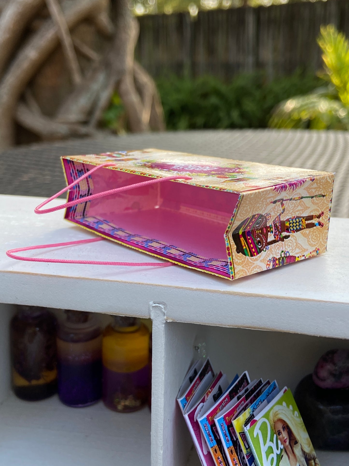 Inside details of one of five Bright color spring shopping paper bags for fashion dolls. #miniatureshoppingbags