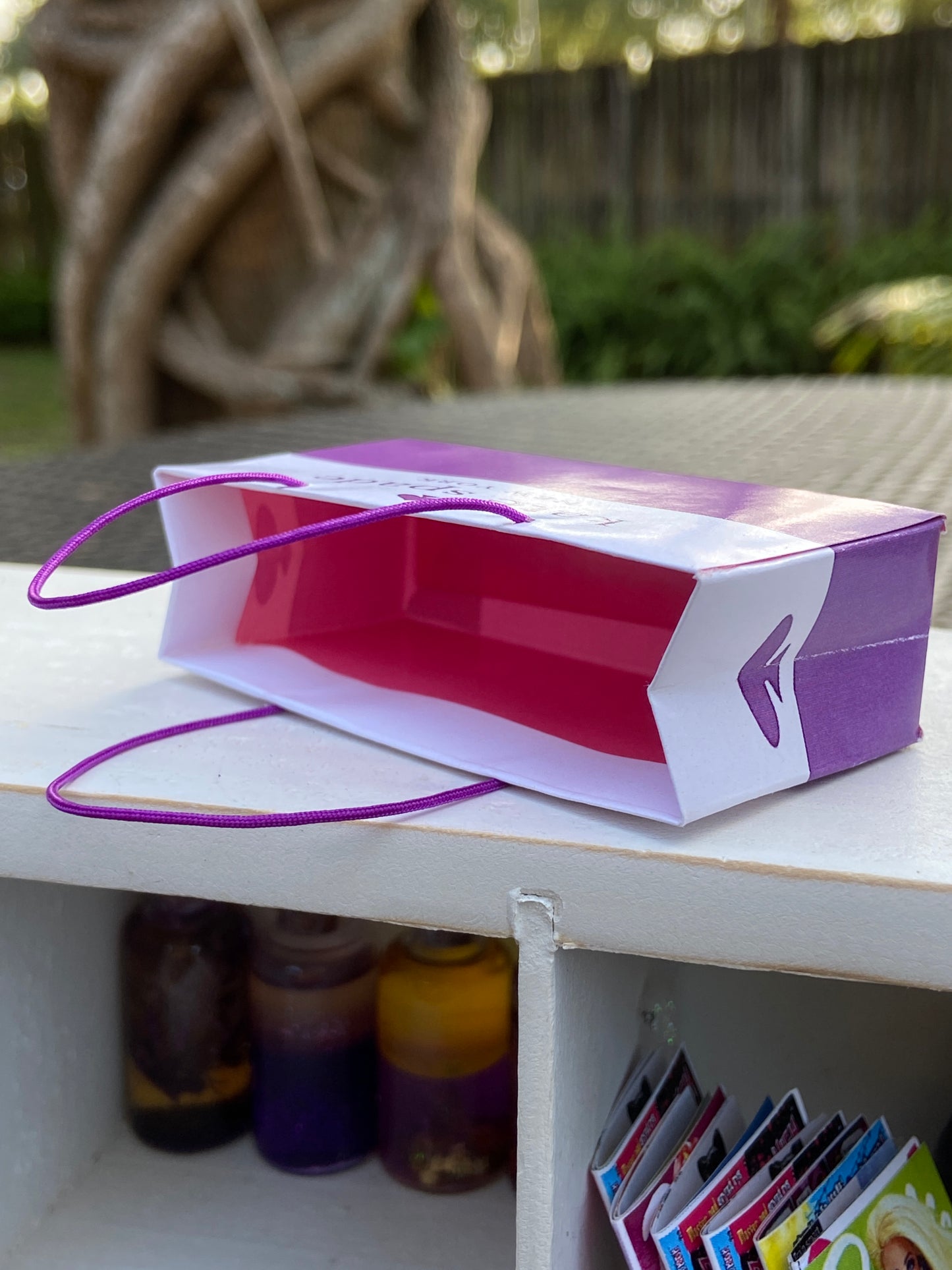 Inside details of one of five Bright color spring shopping paper bags for fashion dolls. #miniatureshoppingbags