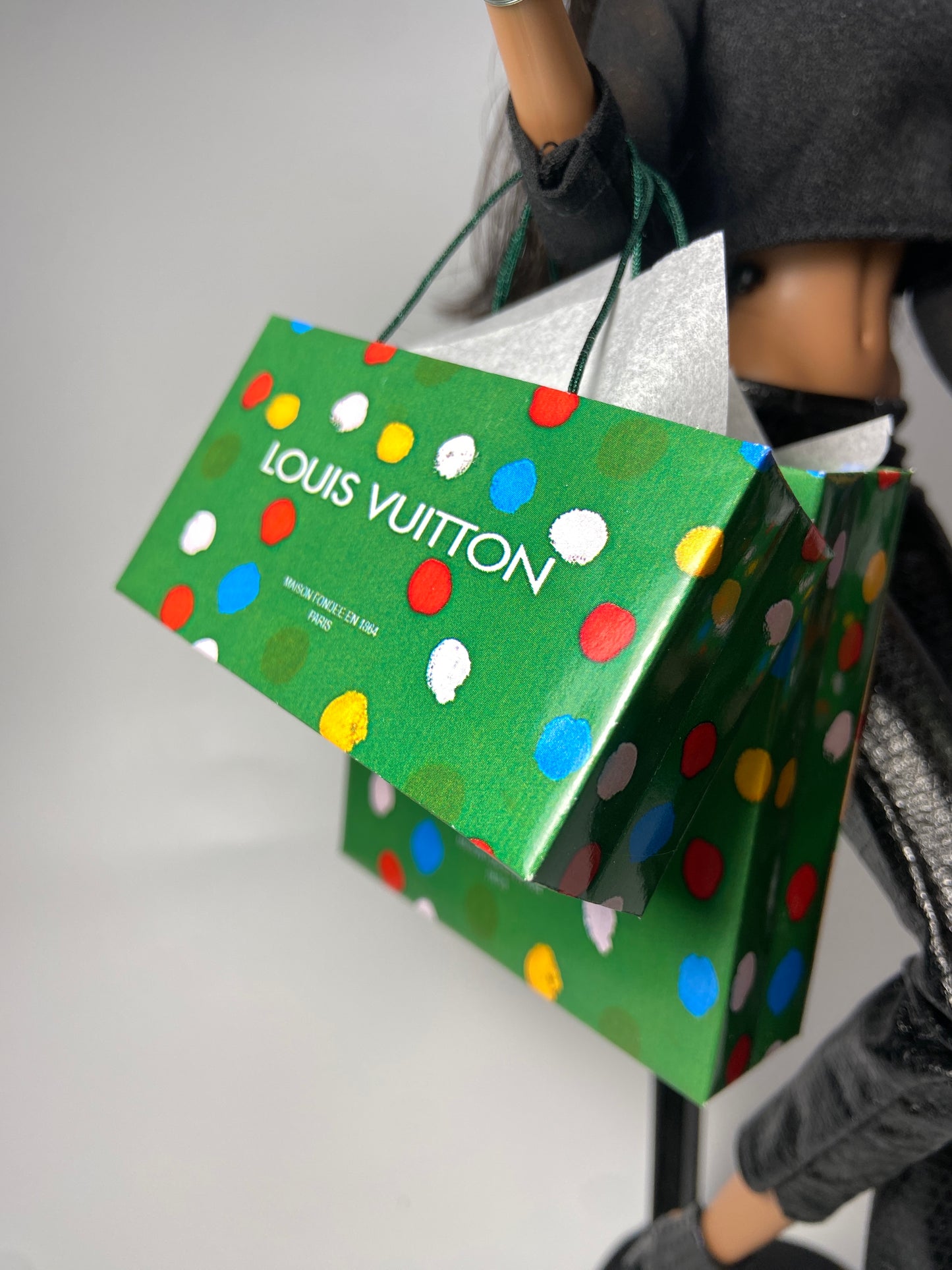 MINIATURE LV GREEN SHOPPING BAGS FOR FASHION DOLLS