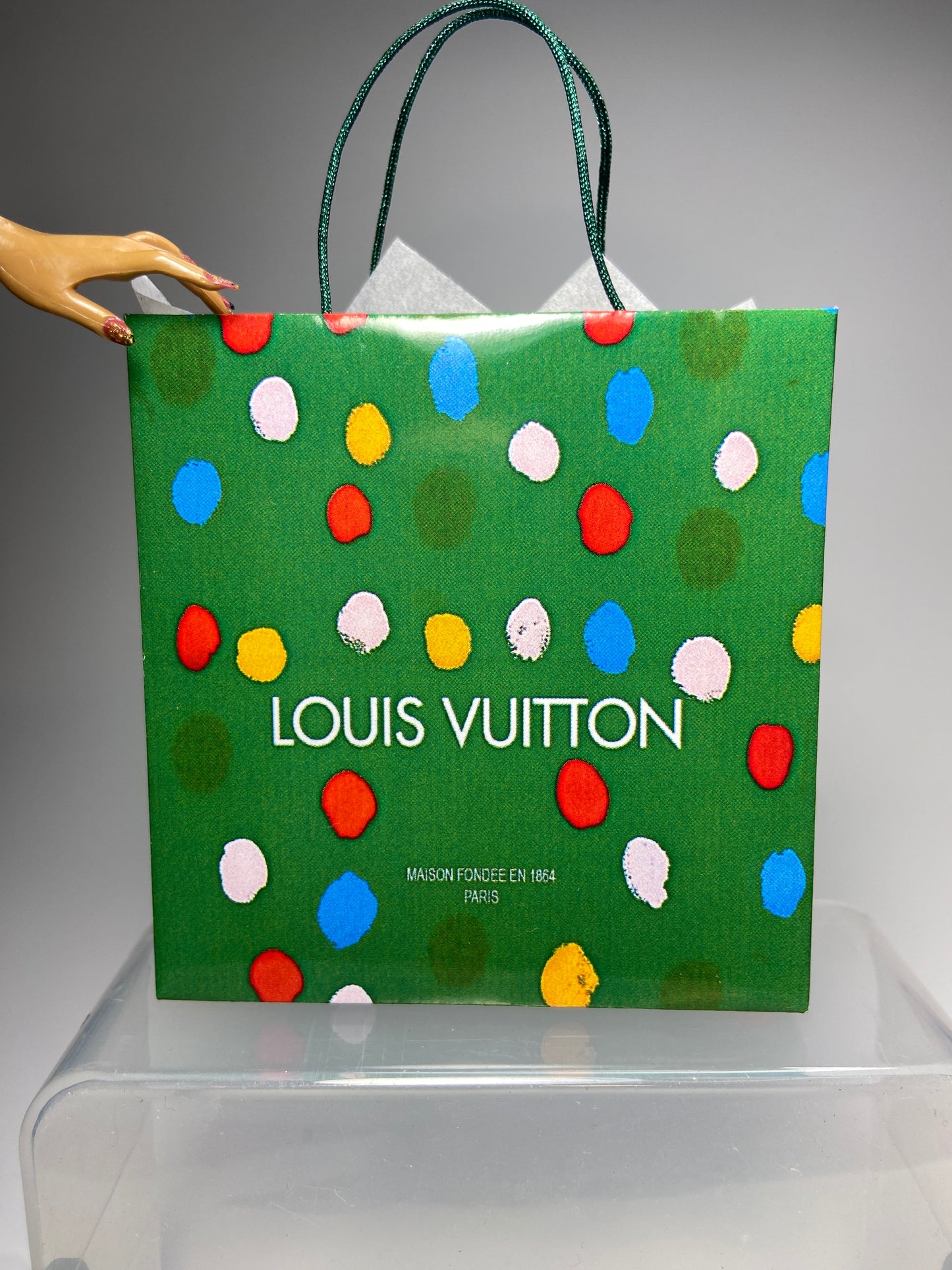 MINIATURE LV GREEN SHOPPING BAGS FOR FASHION DOLLS