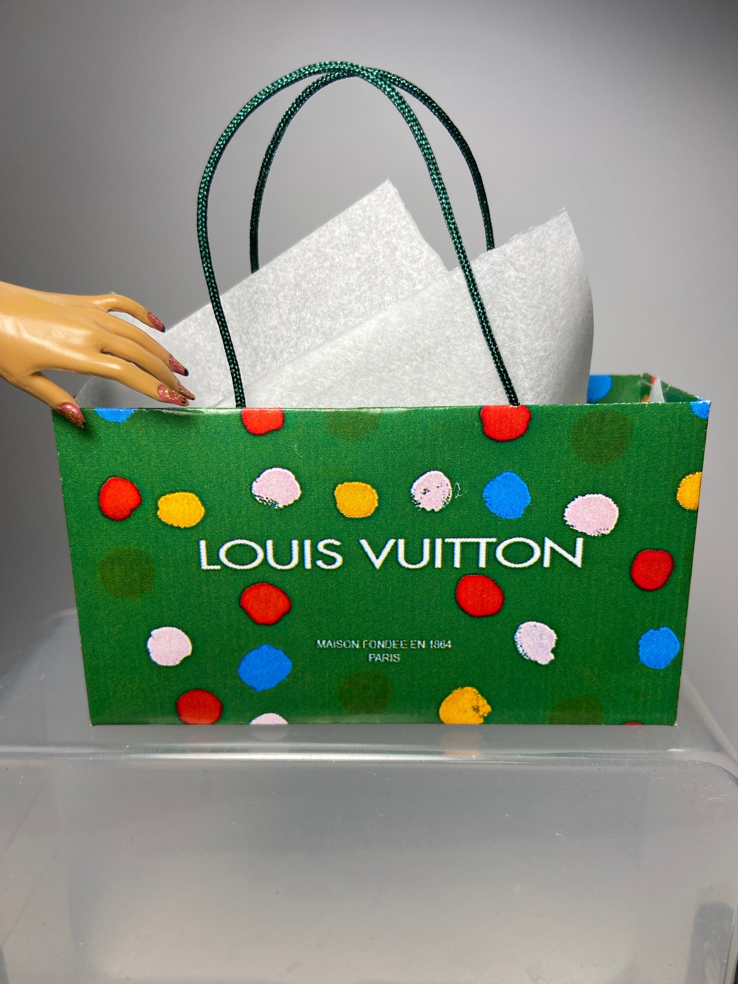 MINIATURE LV GREEN SHOPPING BAGS FOR FASHION DOLLS