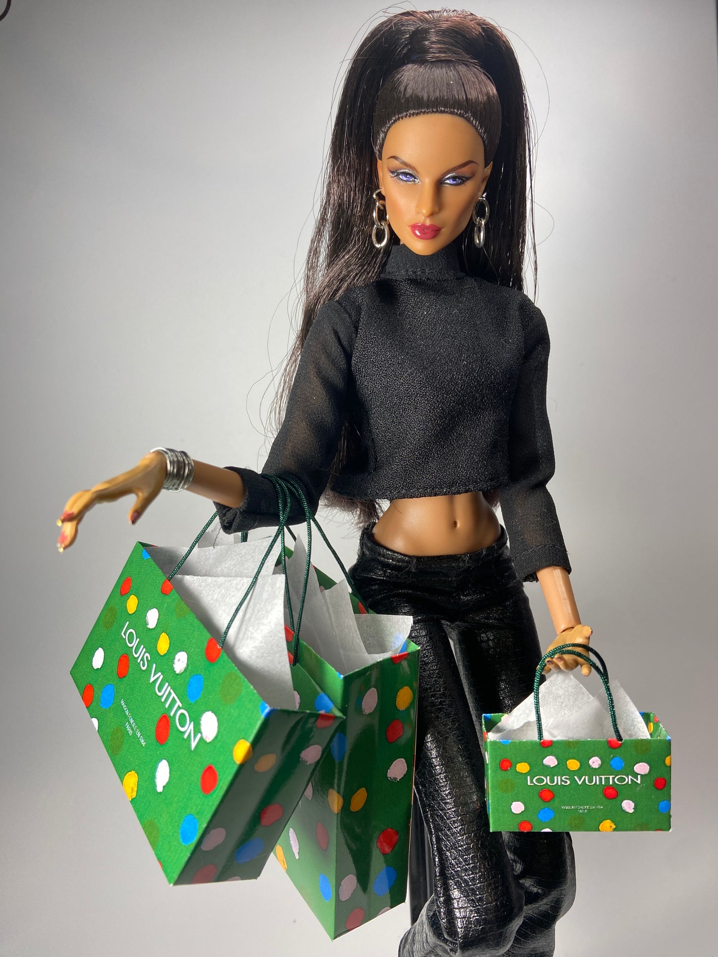 MINIATURE LV GREEN SHOPPING BAGS FOR FASHION DOLLS