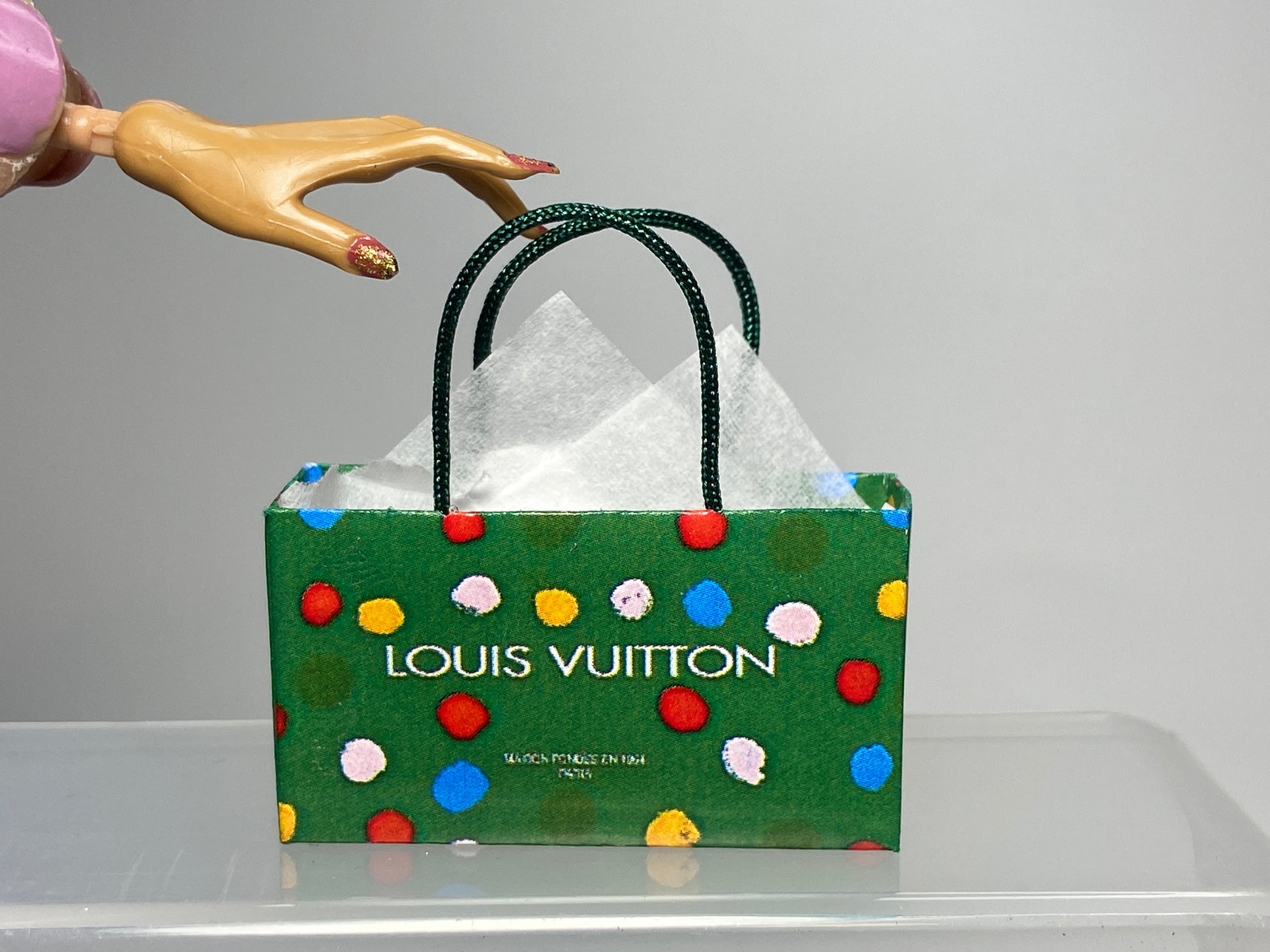 MINIATURE LV GREEN SHOPPING BAGS FOR FASHION DOLLS – Art Color Dolls