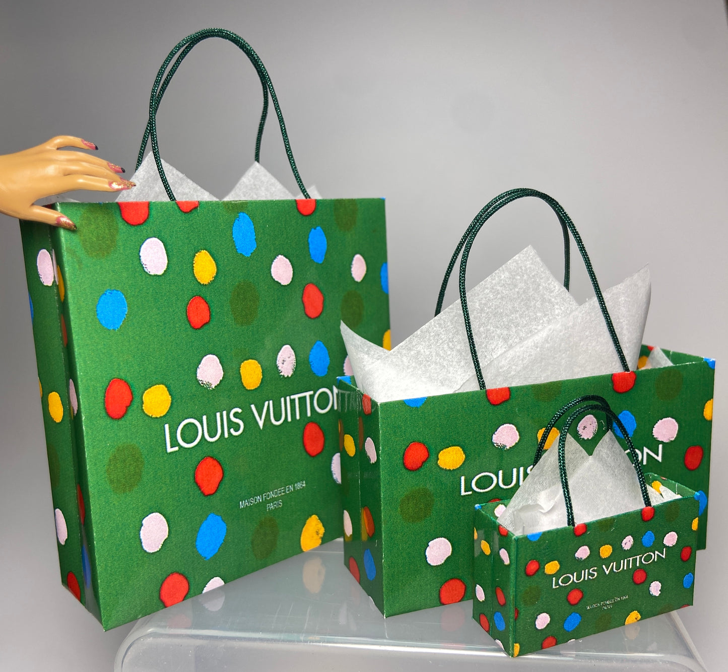 MINIATURE LV GREEN SHOPPING BAGS FOR FASHION DOLLS